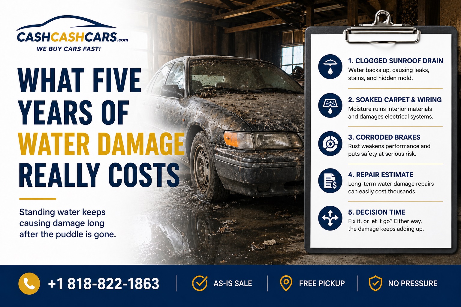 A neglected water-damaged vehicle with a checklist of hidden repair costs