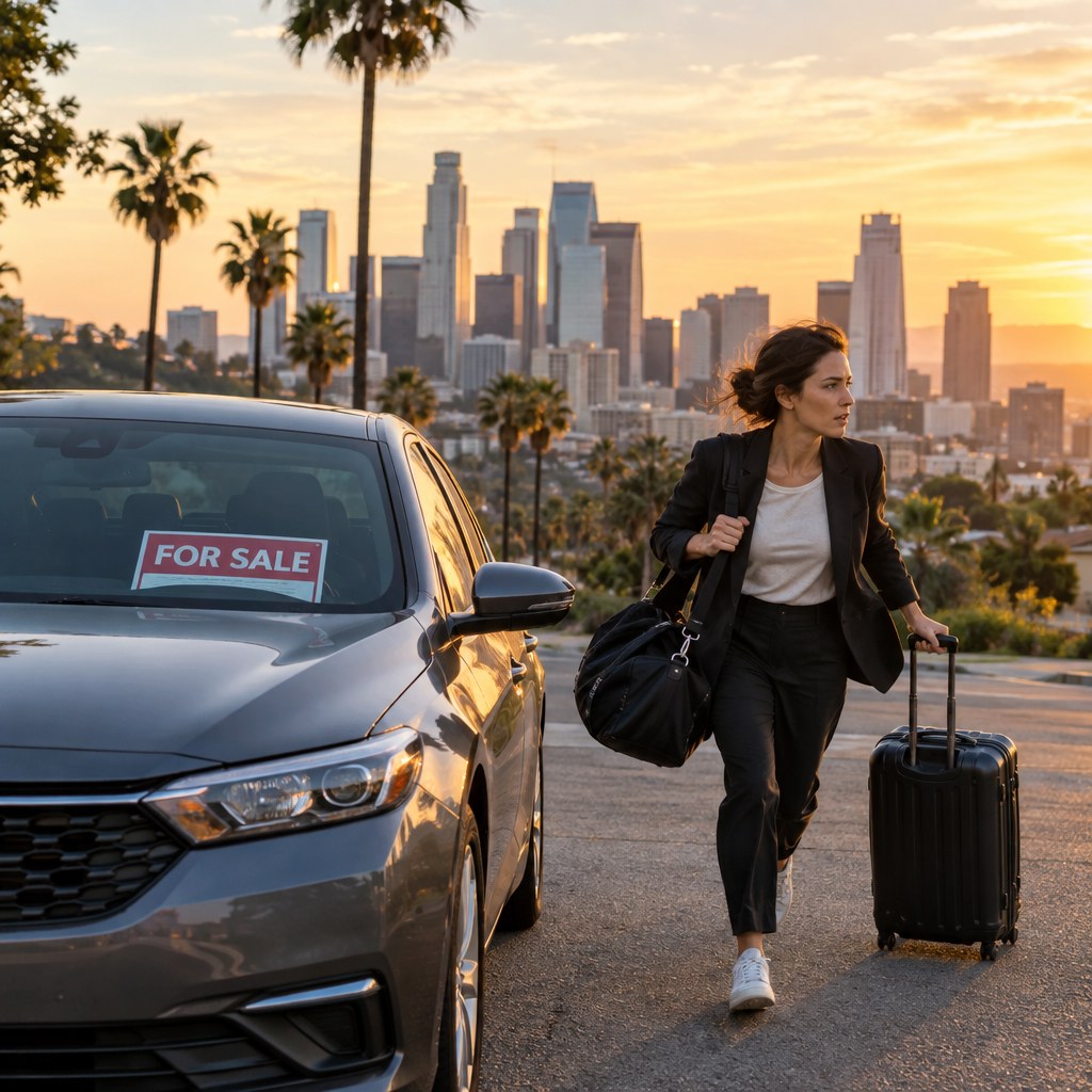 Person leaving Los Angeles urgently with luggage beside a car marked for sale