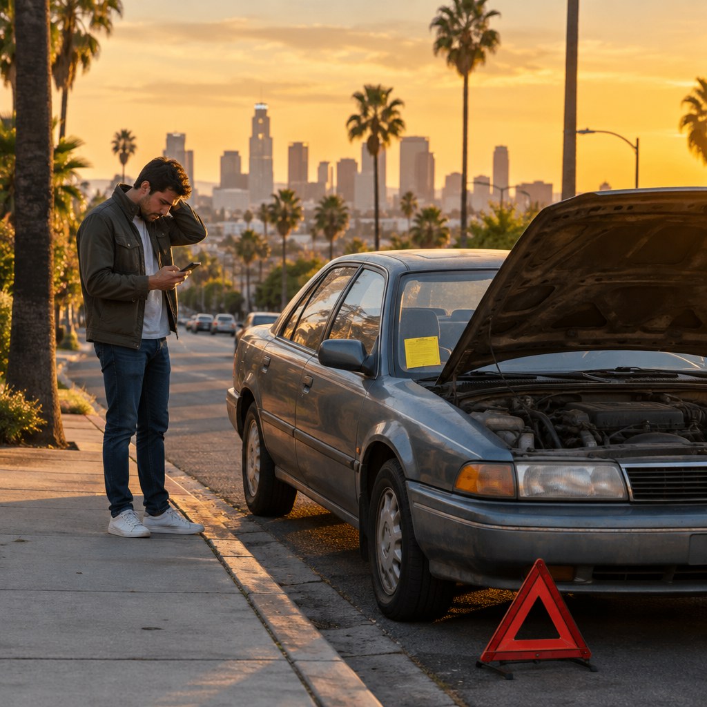 Non-running car parked on a Los Angeles street before parking enforcement or towing